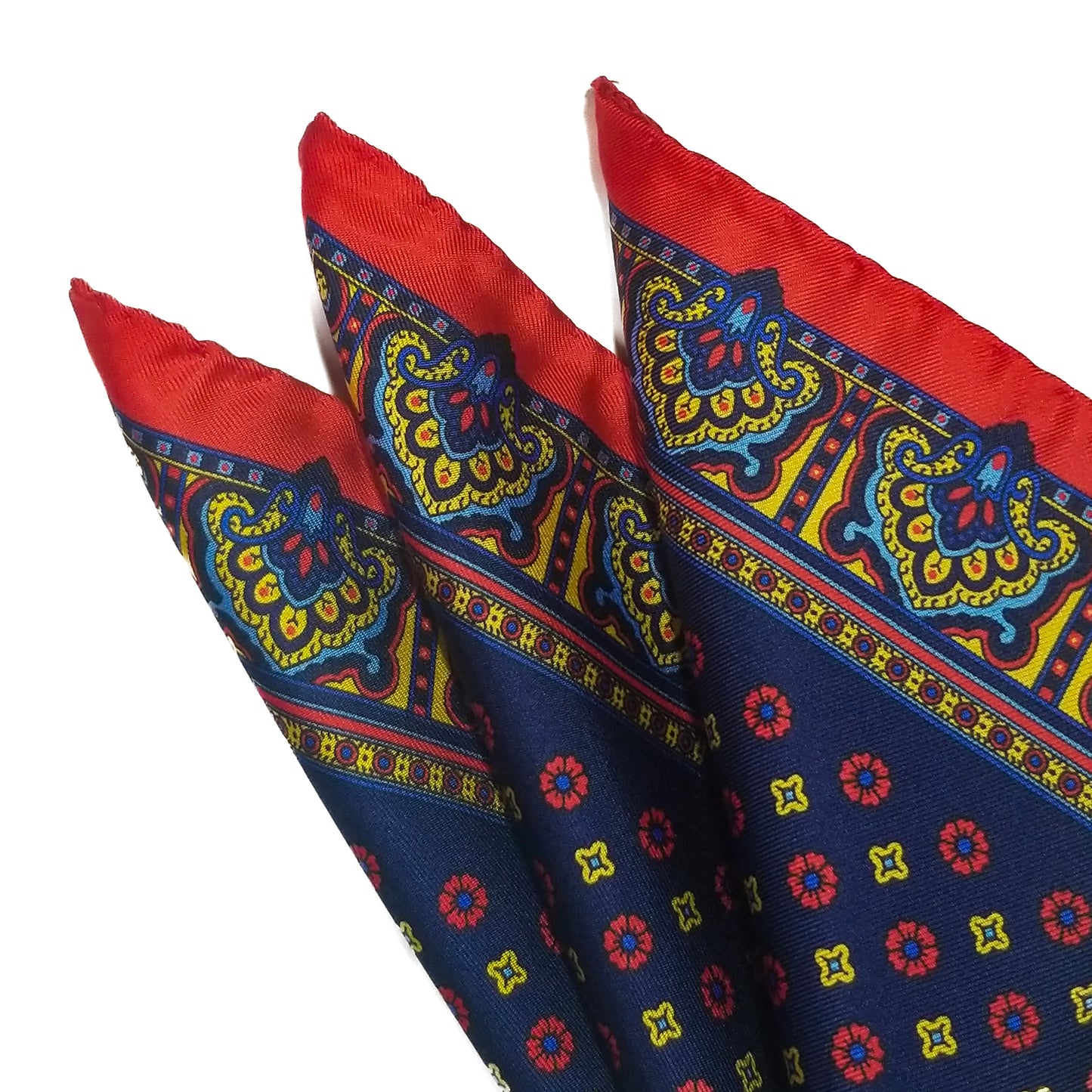 12.5" Navy Blue / Red / Yellow Floral Silk Twill Pocket Square