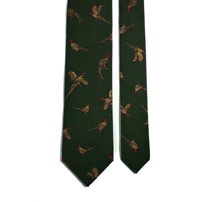 Forest Green Pheasant Print Italian Madder Silk Tie