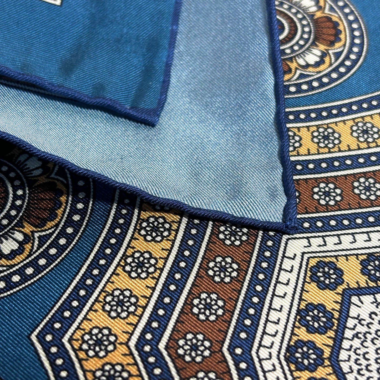 Prussian Blue & Beige Medallion Silk Pocket Square