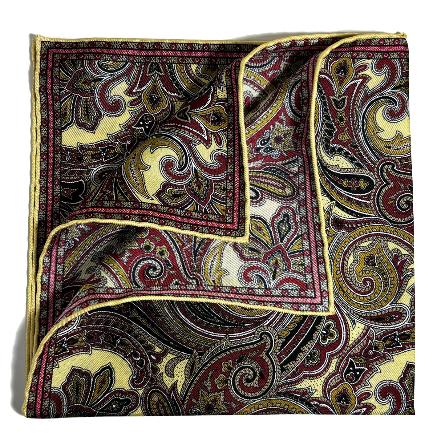 Buff Yellow & Burgundy Paisley Silk Pocket Square