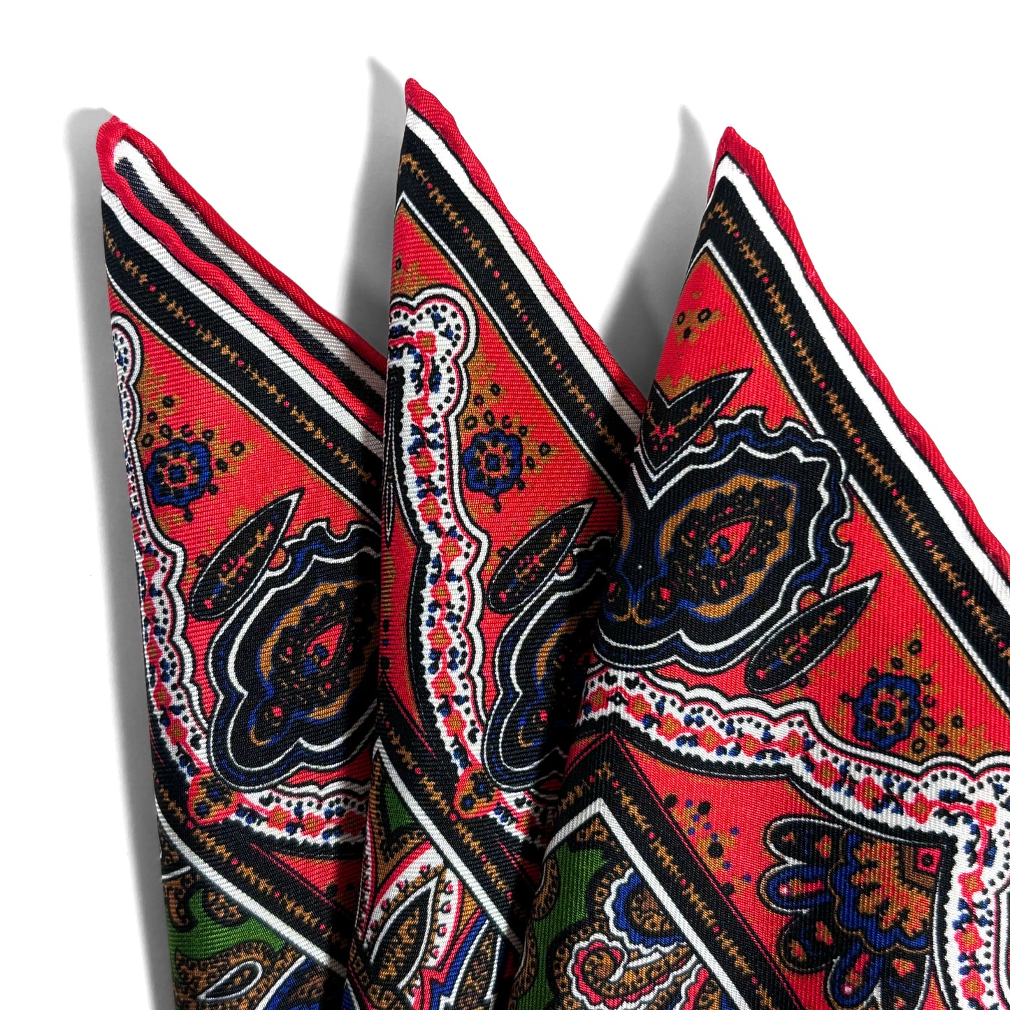 Green & Coral Red Paisley Silk Pocket Square