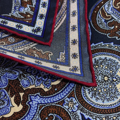 Navy Blue & Burgundy Floral Paisley Silk Pocket Square