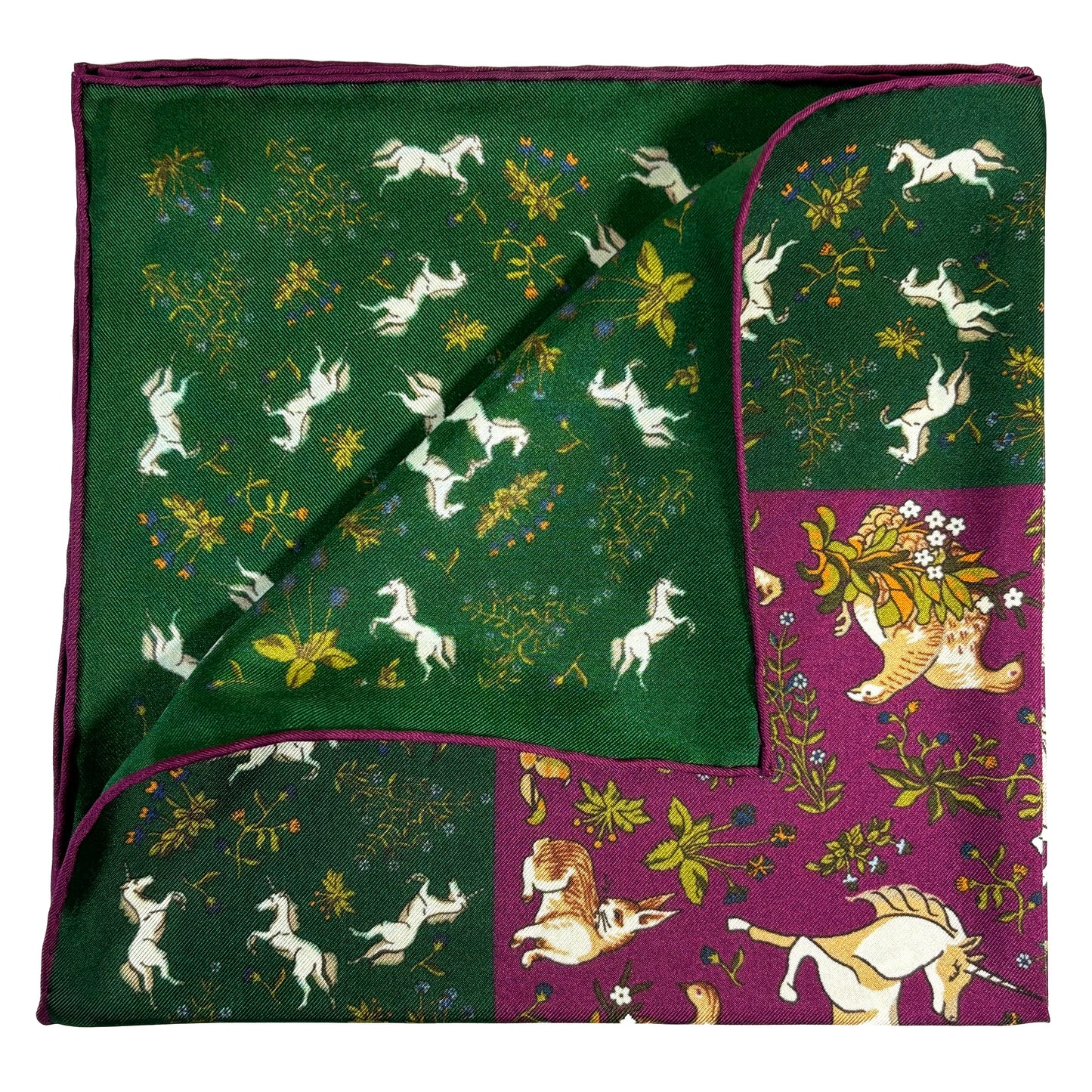 Forest Green & Purple Unicorn Motif Ancient Madder Silk Pocket Square