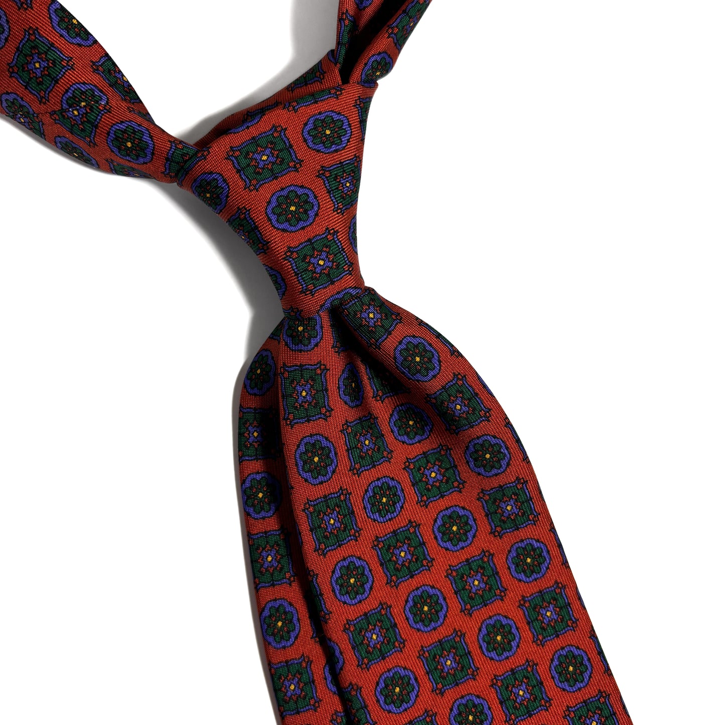 Hand-Printed Terracotta Orange Geometric Ancient Madder Silk Tie