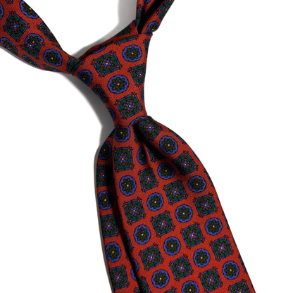 Hand-Printed Terracotta Orange Geometric Ancient Madder Silk Tie