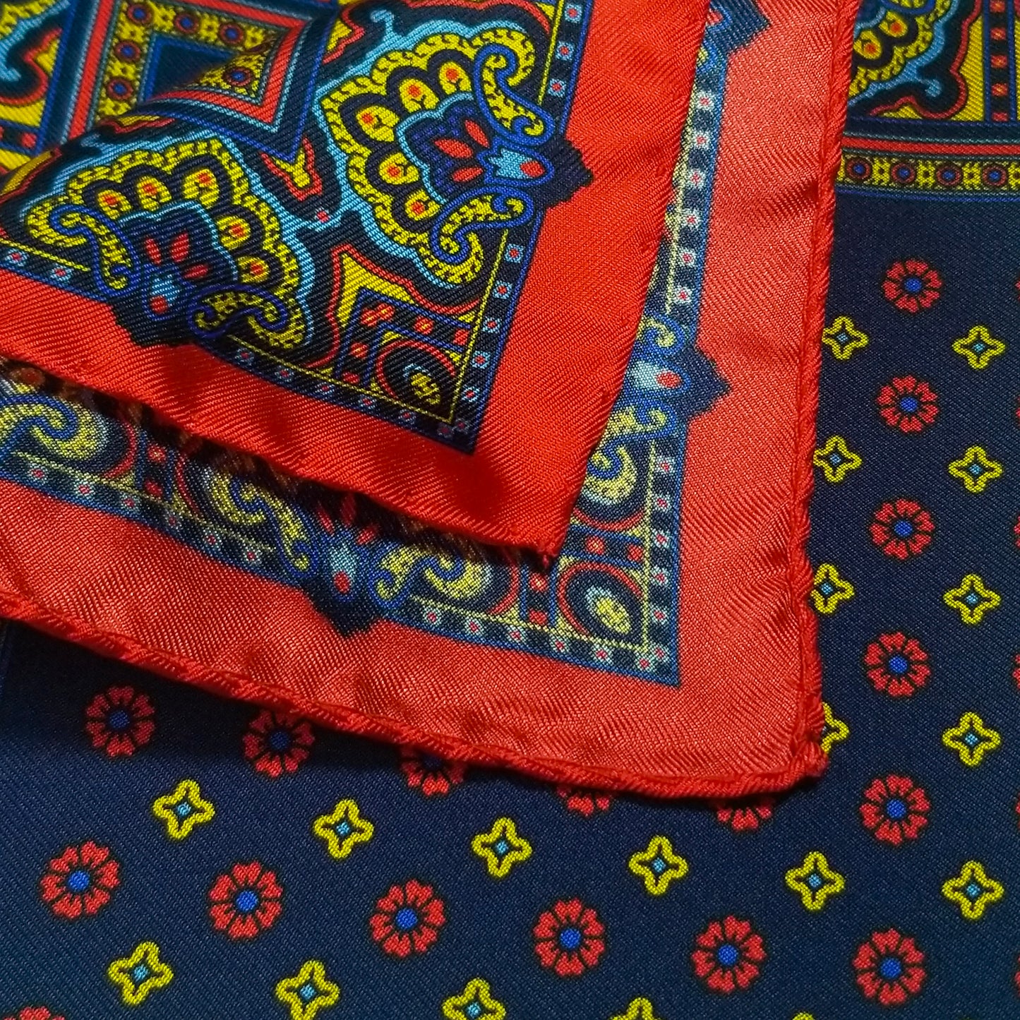 12.5" Navy Blue / Red / Yellow Floral Silk Twill Pocket Square