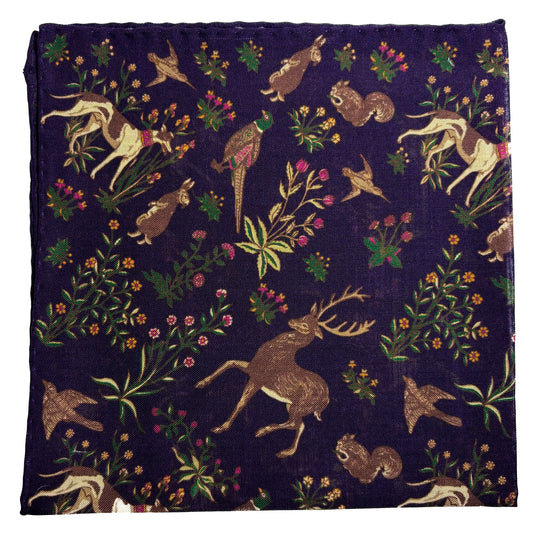 Terra - Floral Animal Motif - Purple - Wool/Silk Pocket Square