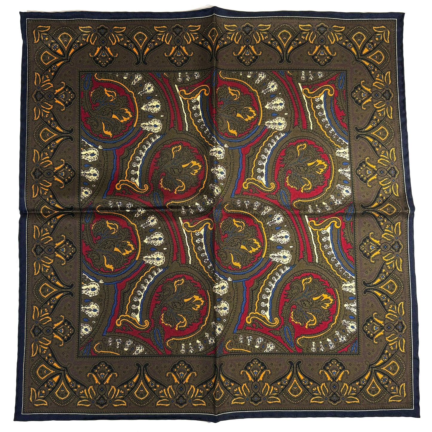 Burgundy & Olive Green Medallion Silk Pocket Square