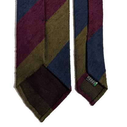 Untipped Navy Blue / Olive Green / Burgundy Block Stripe Silk Shantung Tie