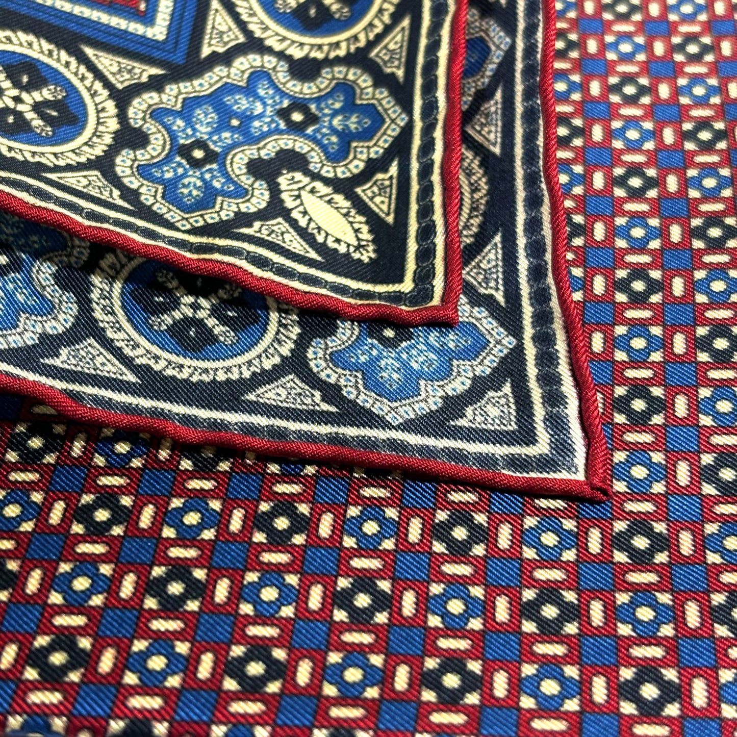 Navy Blue & Cream Small Geometric Ancient Madder Silk Pocket Square