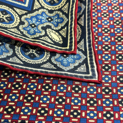 Navy Blue & Cream Small Geometric Ancient Madder Silk Pocket Square