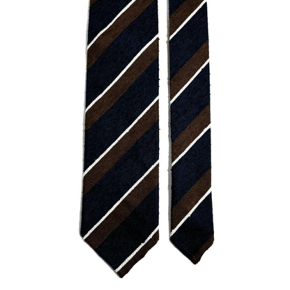 Untipped Navy Blue / Brown Striped Silk Shantung Tie