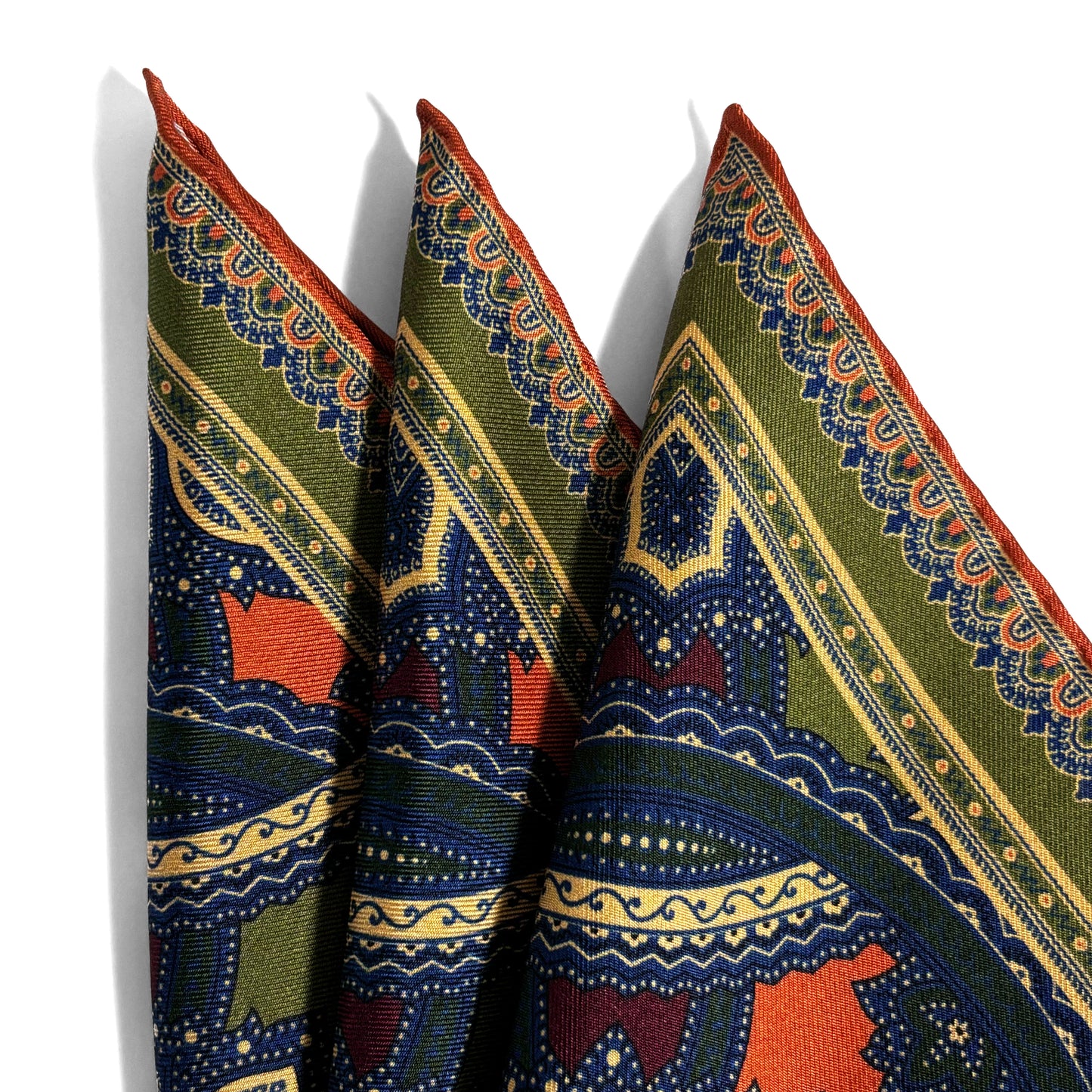 Olive Green & Orange Large Medallion Silk Pocket Square