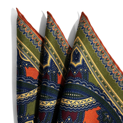 Olive Green & Orange Large Medallion Silk Pocket Square