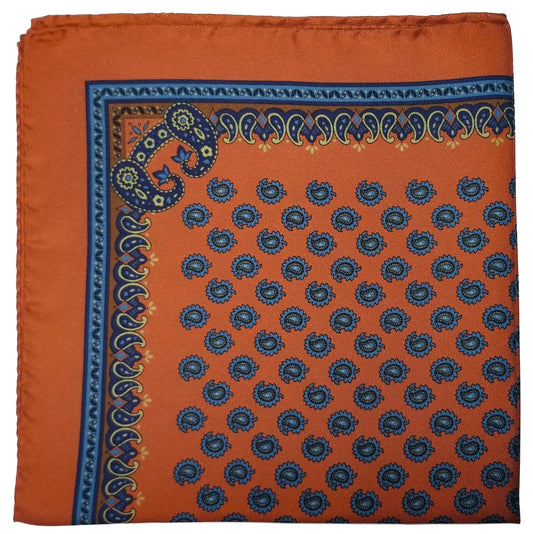 17" Orange Paisley Silk Twill Pocket Square