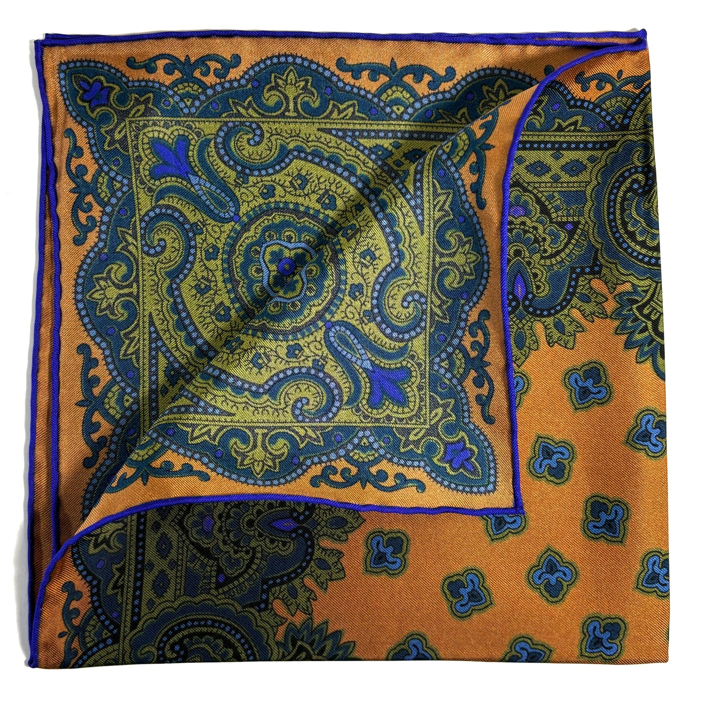 Burnt Orange & Olive Green Medallion Ancient Madder Silk Pocket Square