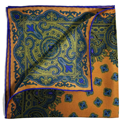 Burnt Orange & Olive Green Medallion Ancient Madder Silk Pocket Square