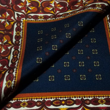 17" Navy Blue & Burgundy Geometric Silk Twill Pocket Square