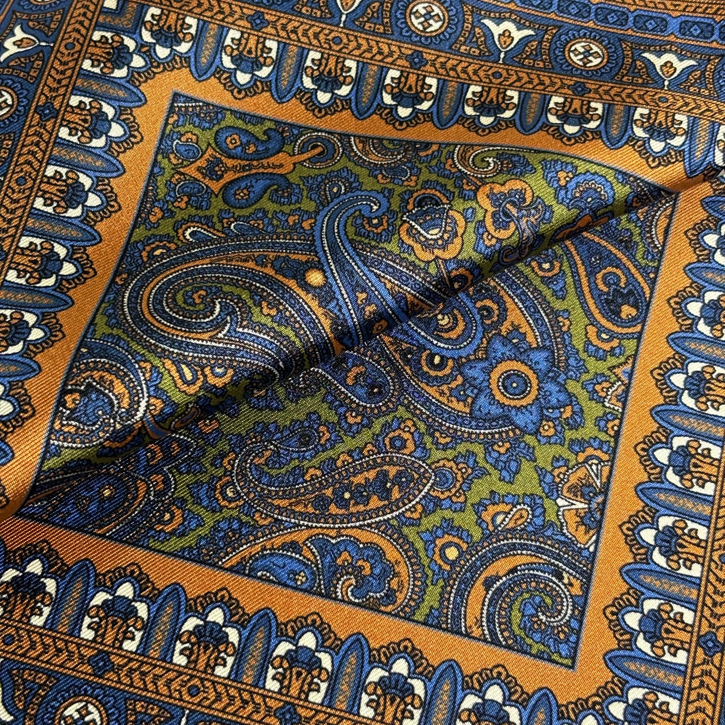 Olive Green & Orange Paisley Silk Pocket Square