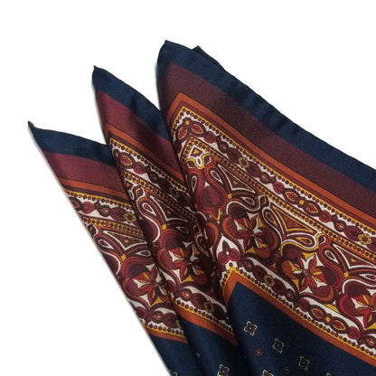 17" Navy Blue & Burgundy Geometric Silk Twill Pocket Square