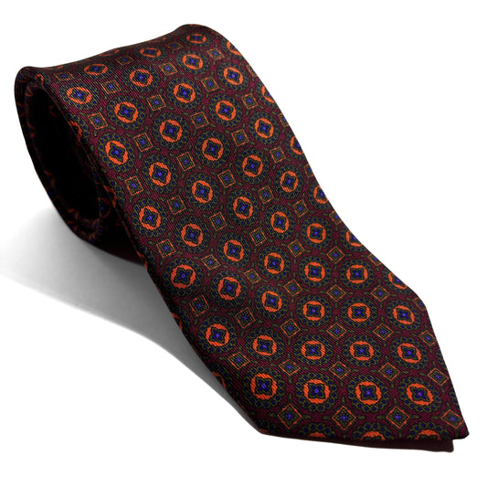 Hand-Printed Burgundy & Green Geometric Ancient Madder Silk Tie