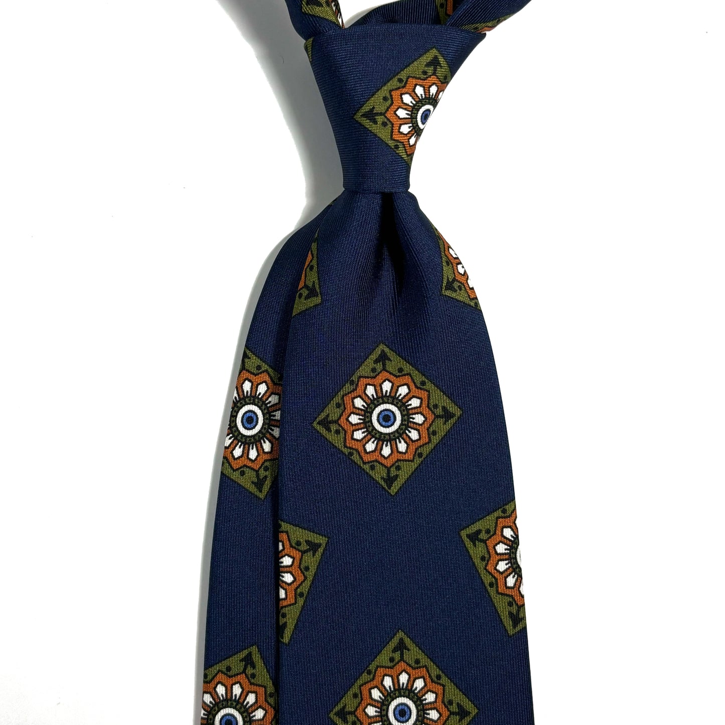 Navy Blue & Orange Large Square Printed 36oz Silk Twill Tie