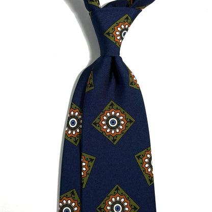 Navy Blue & Orange Large Square Printed 36oz Silk Twill Tie