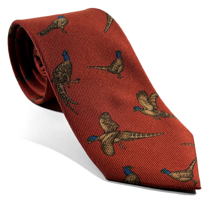 Terracotta Orange Pheasant Print Italian Madder Silk Tie