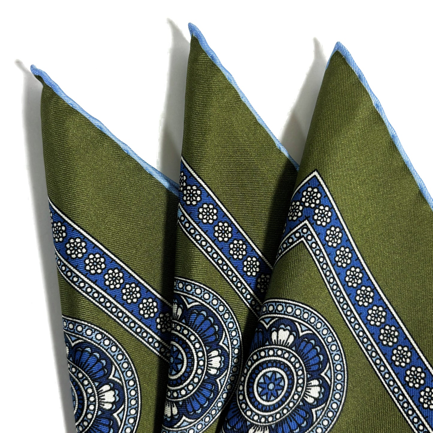 Leaf Green & Light Blue Medallion Silk Pocket Square