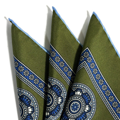 Leaf Green & Light Blue Medallion Silk Pocket Square