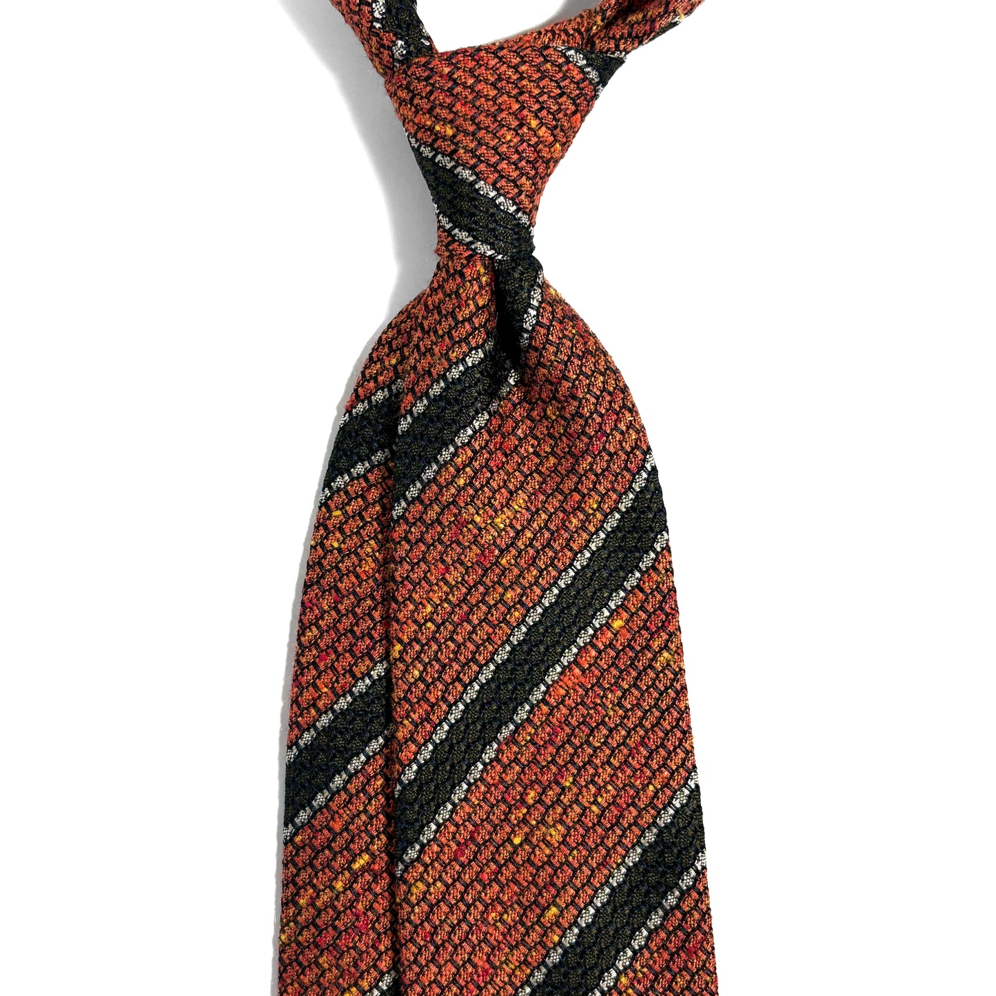 Autumn Orange & Green Striped Tussah Jaspe Silk Grenadine Tie (Garza Grossa)
