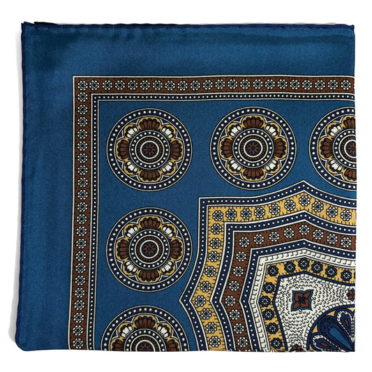 Prussian Blue & Beige Medallion Silk Pocket Square