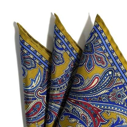 Golden Olive Green Paisley Silk Pocket Square