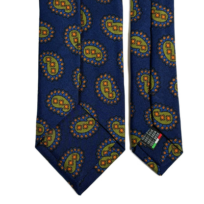 Navy Blue & Olive Paisley Printed 36oz Silk Twill Tie