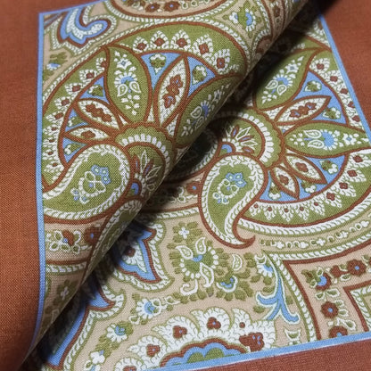 15.5" Hand-Printed Brown Paisley Cotton Pocket Square