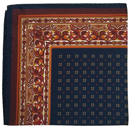 17" Navy Blue & Burgundy Geometric Silk Twill Pocket Square