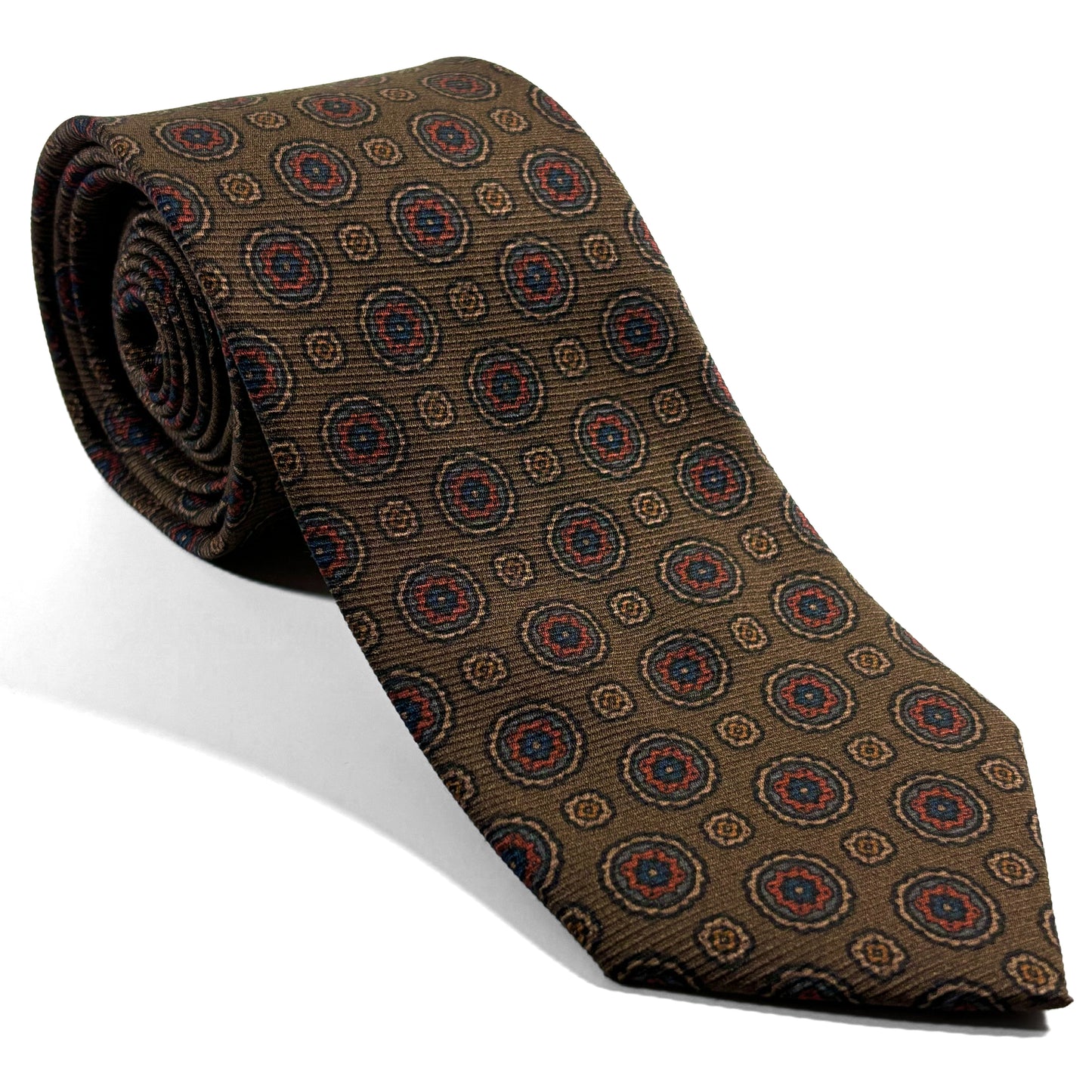 Olive Green & Orange Geometric Italian Madder Silk Tie