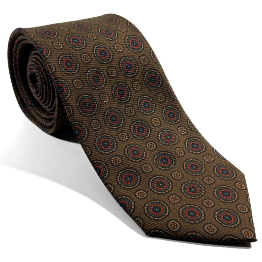Olive Green & Orange Geometric Italian Madder Silk Tie