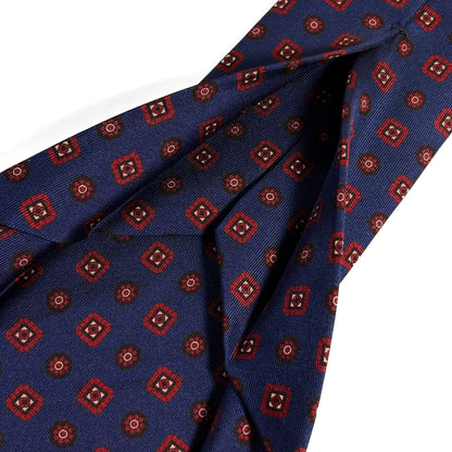 Seven Fold Navy Blue & Red Geometric Printed Silk Tie