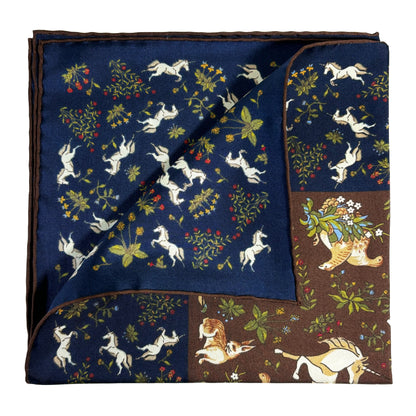 Navy Blue & Brown Unicorn Motif Ancient Madder Silk Pocket Square