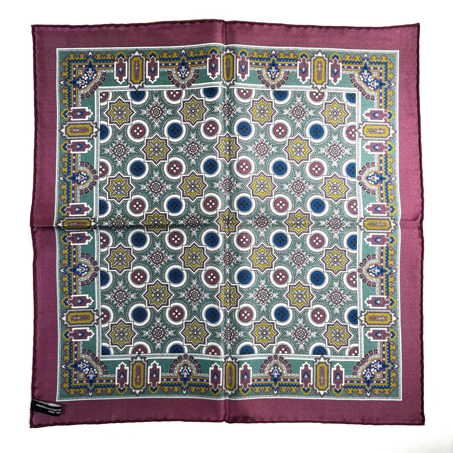 Burgundy & Green Geometric Silk Pocket Square