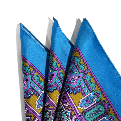 Light Blue & Gold Geometric Silk Pocket Square