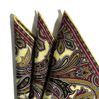 Buff Yellow & Burgundy Paisley Silk Pocket Square
