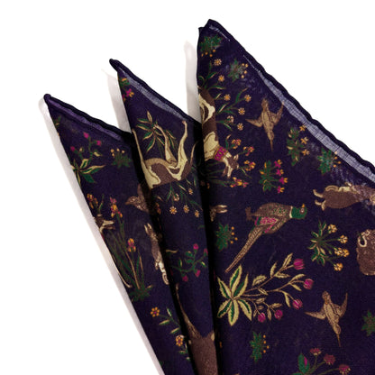 Terra - Floral Animal Motif - Purple - Wool/Silk Pocket Square