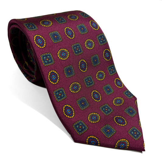 Burgundy Geometric Medallion Silk Tie