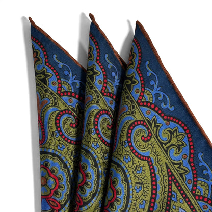 Navy Blue & Olive Green Medallion Ancient Madder Silk Pocket Square