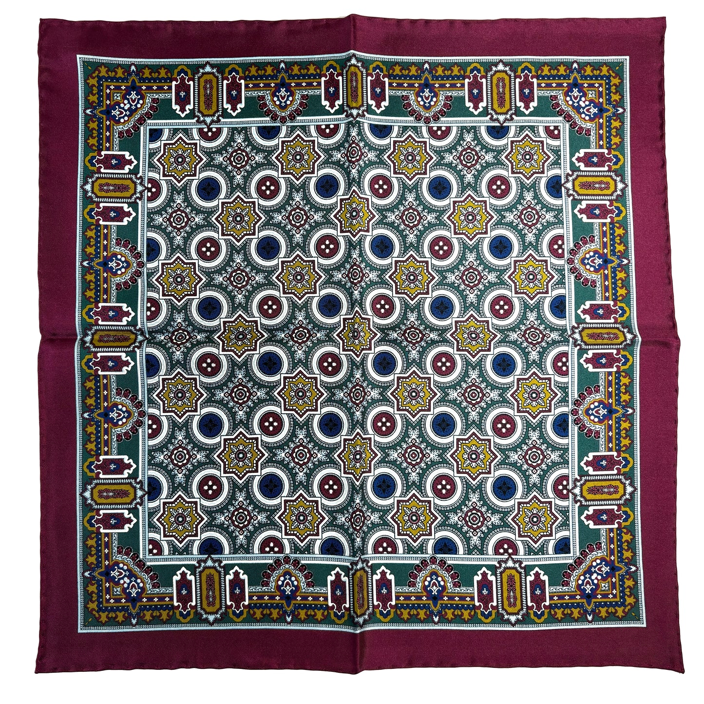 Burgundy & Green Geometric Silk Pocket Square