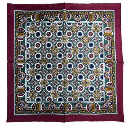 Burgundy & Green Geometric Silk Pocket Square