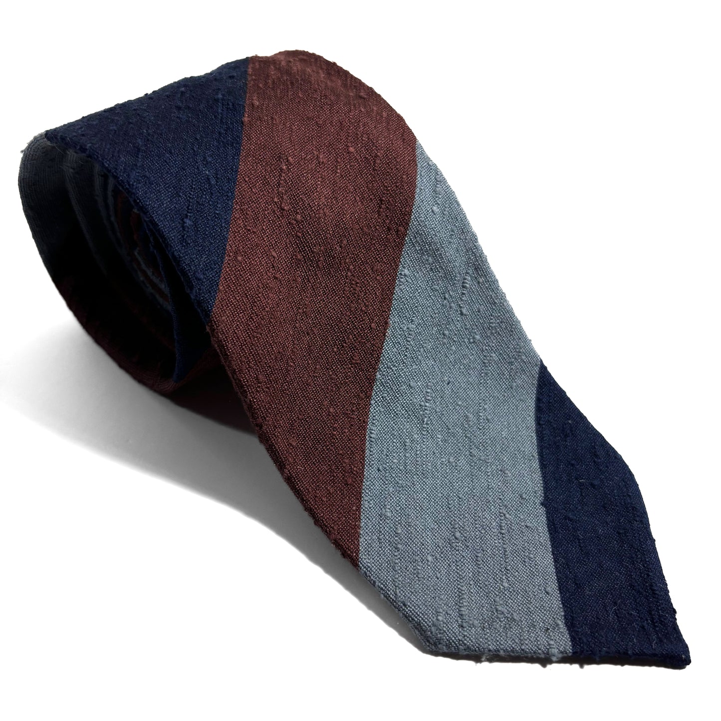 Untipped Navy / Light Blue / Brown Block Stripe Silk Shantung Tie