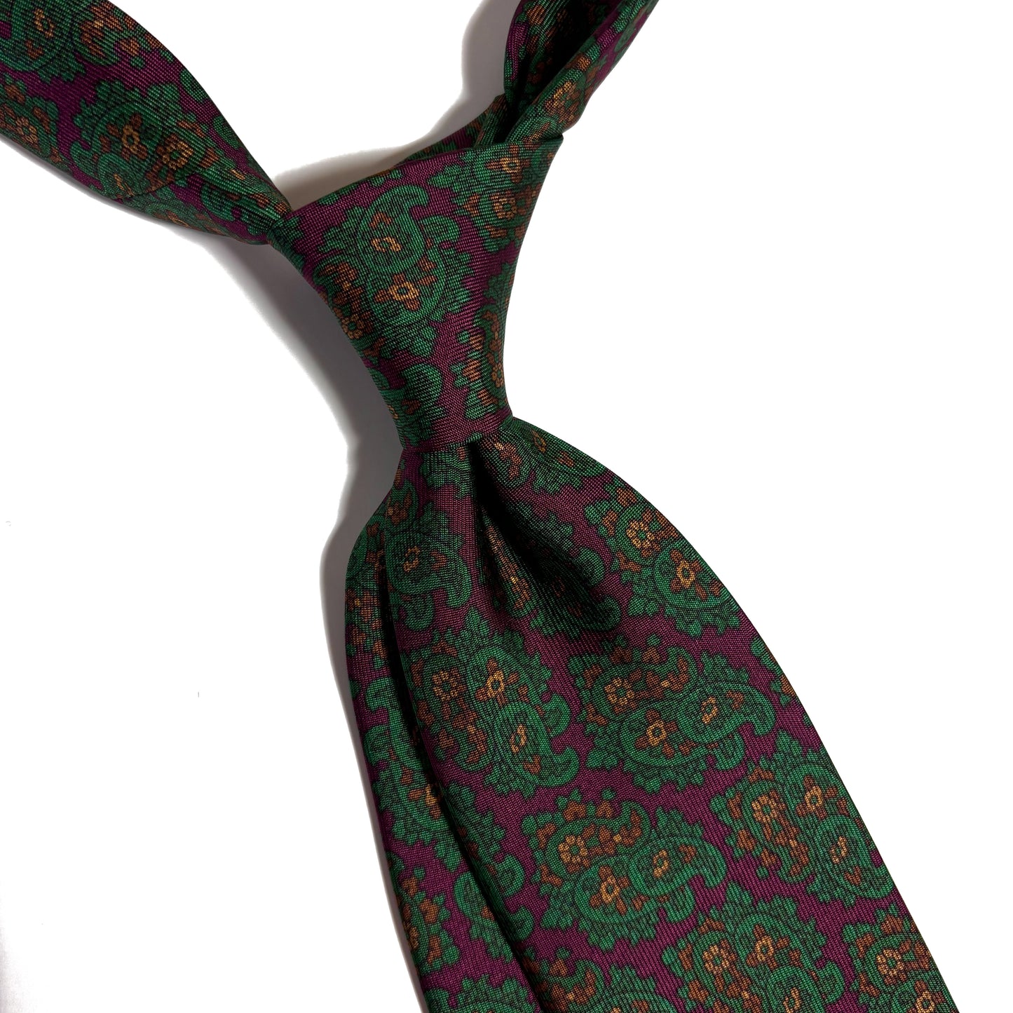 Hand-Printed Wine Red & Green Paisley Ancient Madder Silk Tie